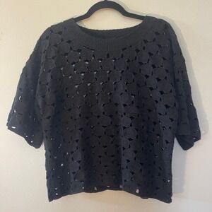 Bobeau Crochet Floral Knit Top Womens S Black Short Sleeve Rosette Whimsigoth